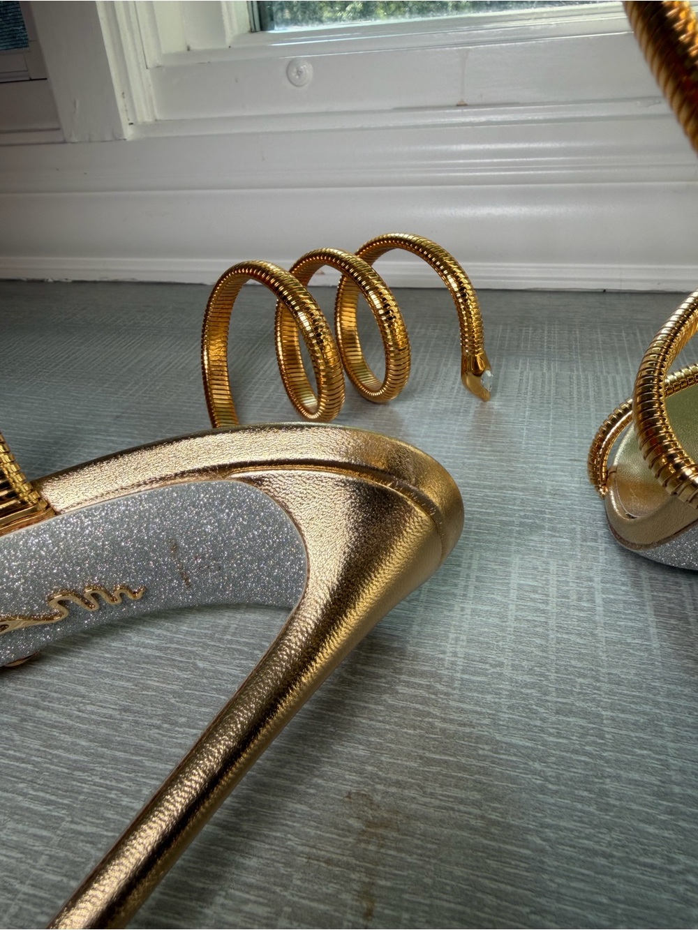Rene Caovilla Metallic Gold Spiral Ankle-Strap Sandals - Picture 7 of 13
